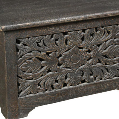 52" Black Distressed Solid Wood Carved Floral Storage Ottoman-5