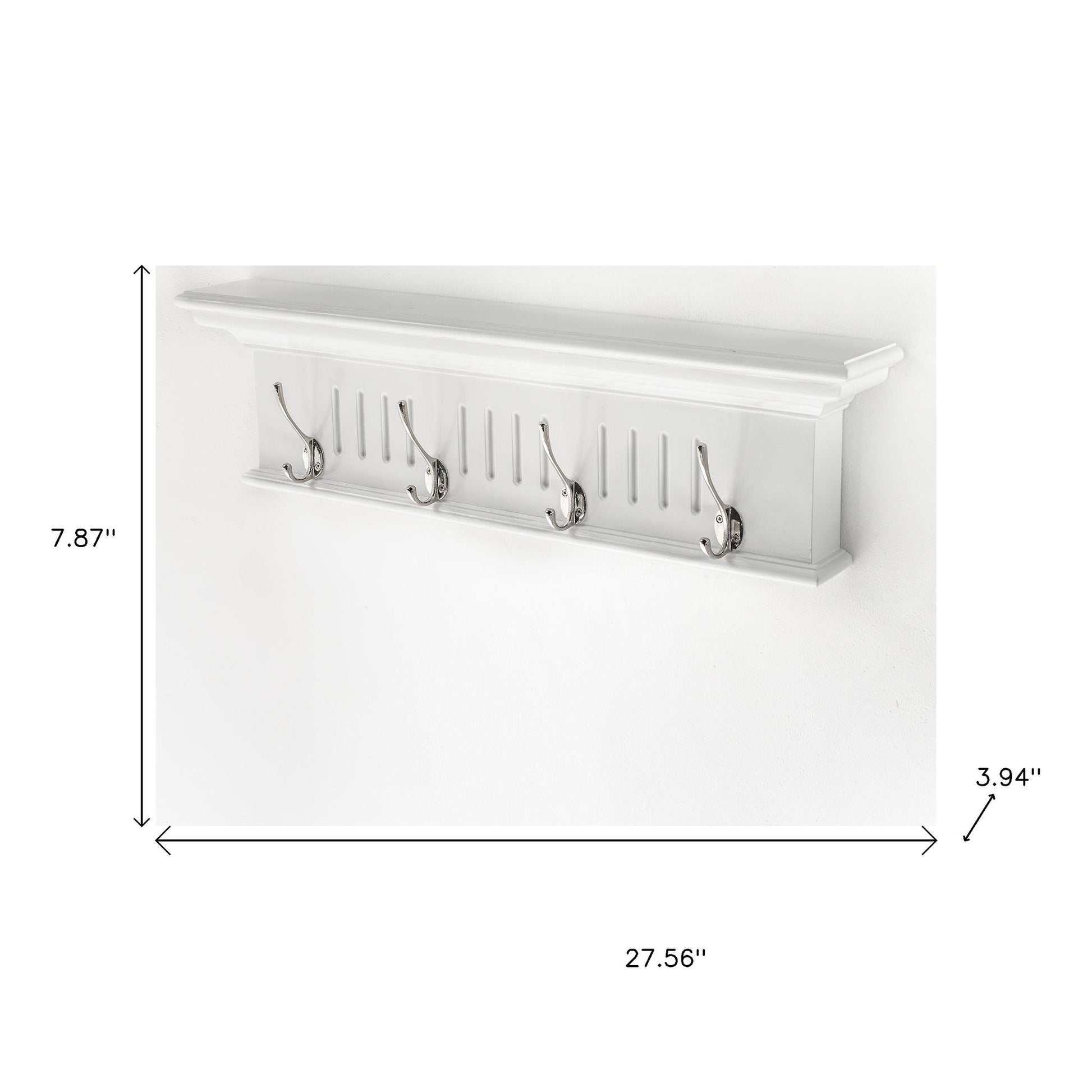 28" White Solid Wood Four Hook Wall Mount Coat Rack-6