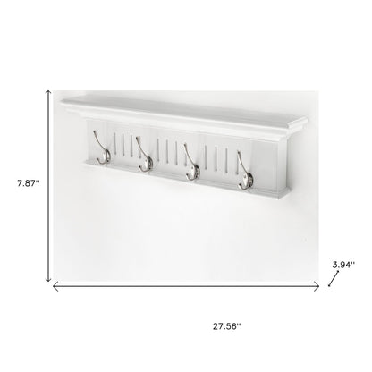 28" White Solid Wood Four Hook Wall Mount Coat Rack-6