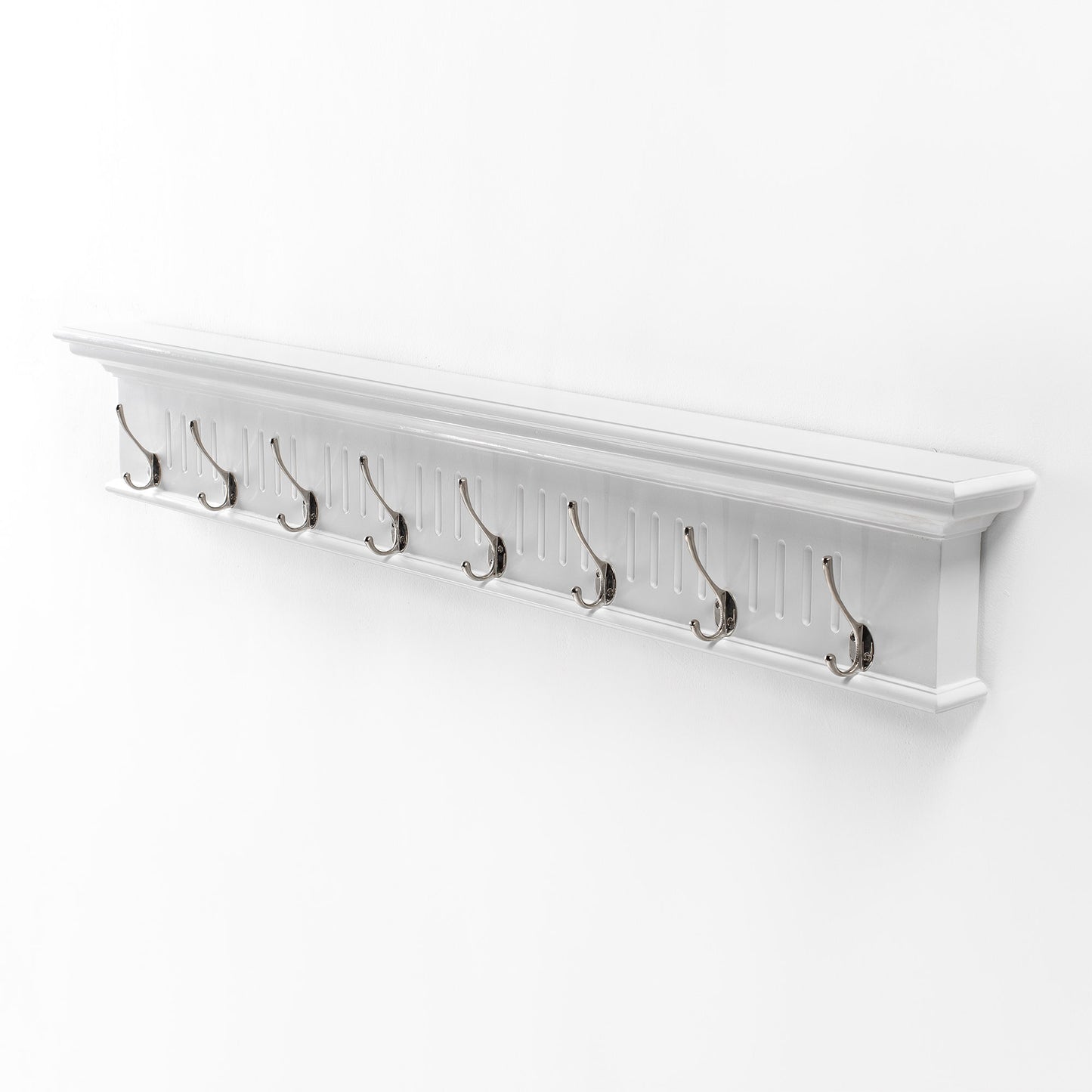 51" White Solid Wood Eight Hook Wall Mount Coat Rack-0