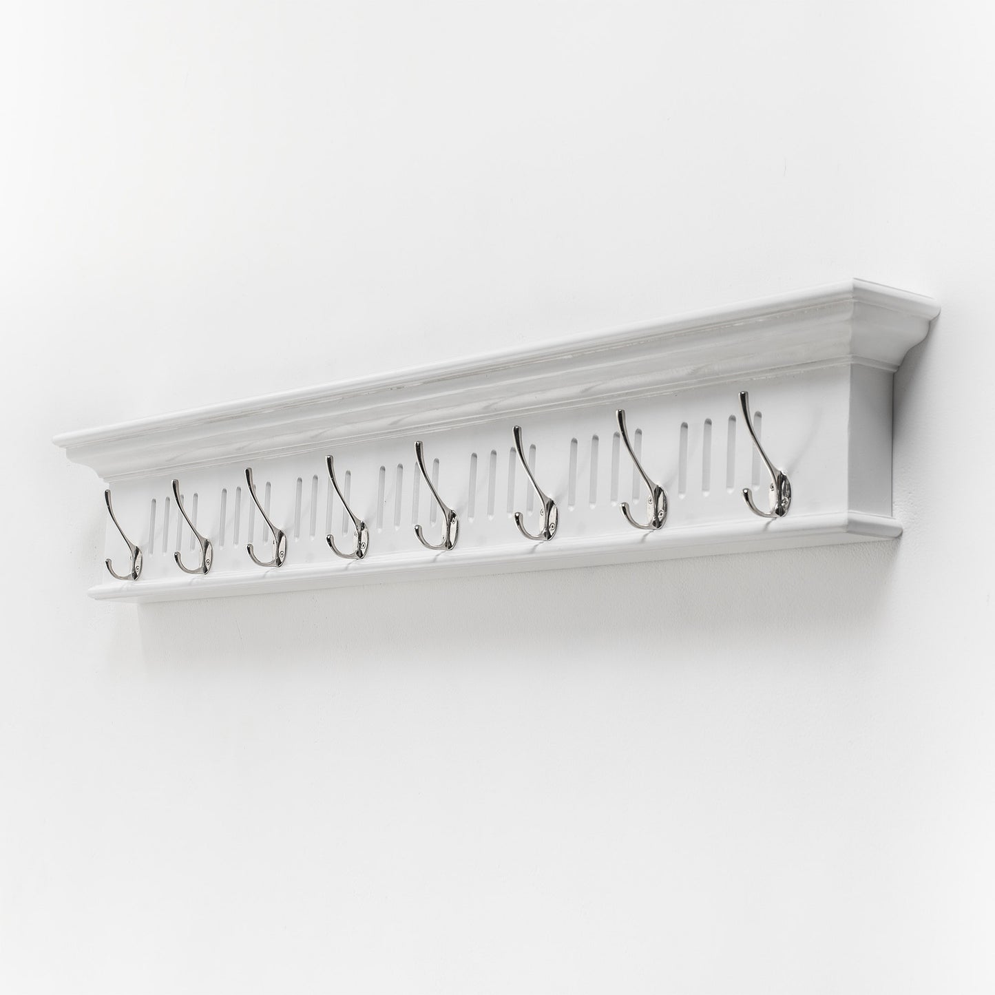 51" White Solid Wood Eight Hook Wall Mount Coat Rack-1