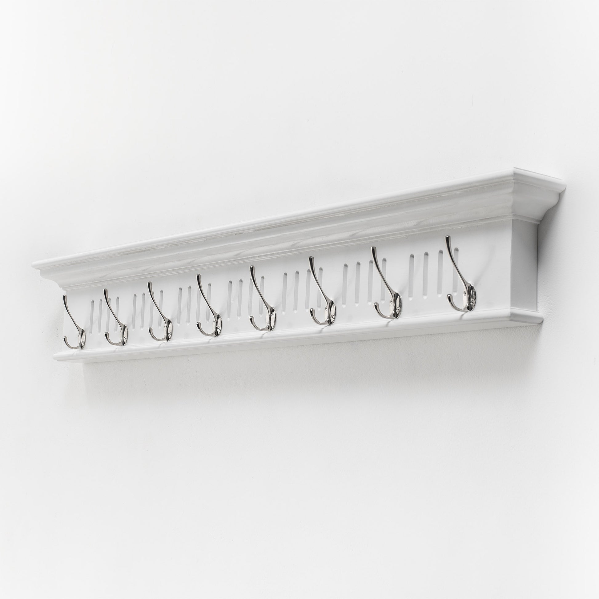 51" White Solid Wood Eight Hook Wall Mount Coat Rack-1