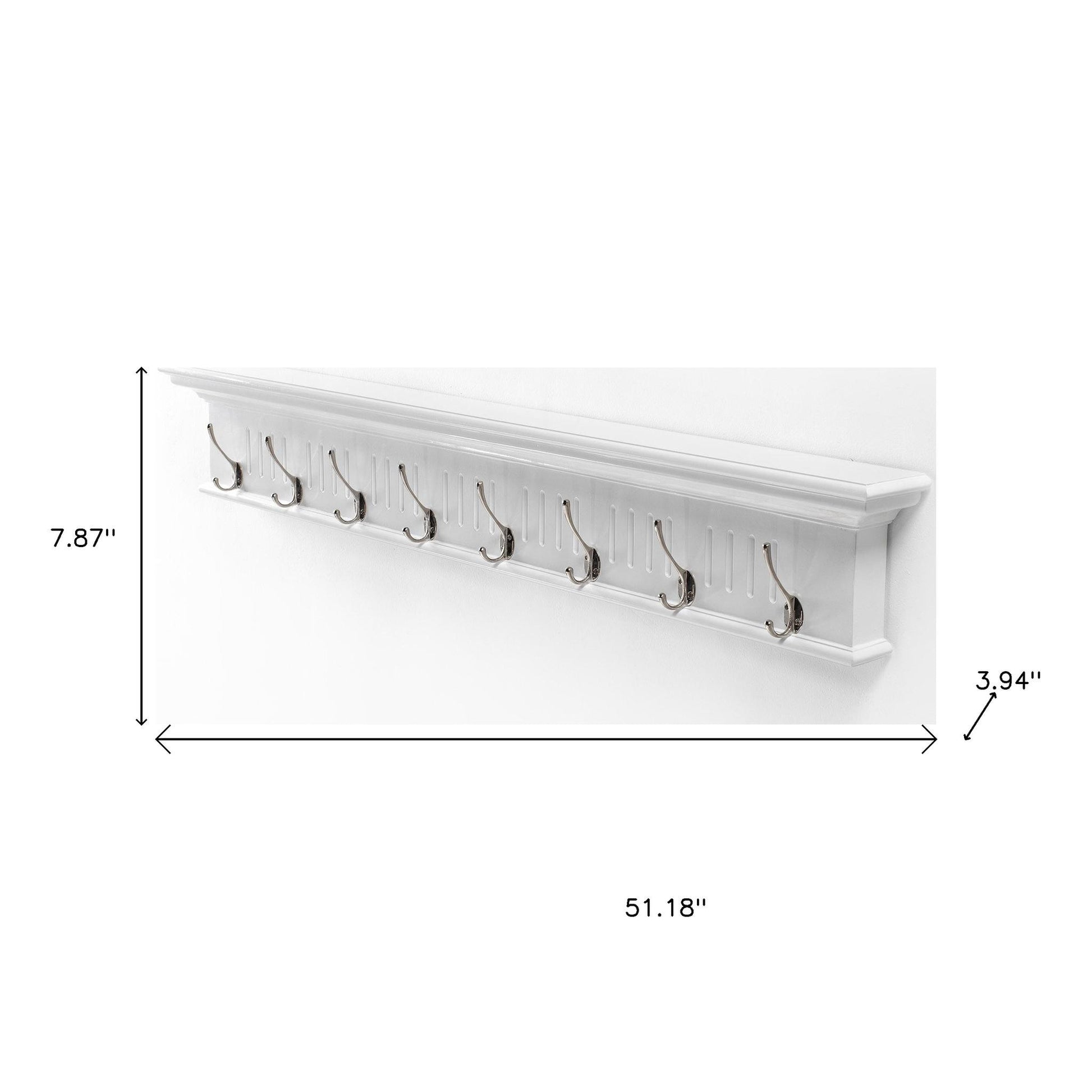 51" White Solid Wood Eight Hook Wall Mount Coat Rack-6