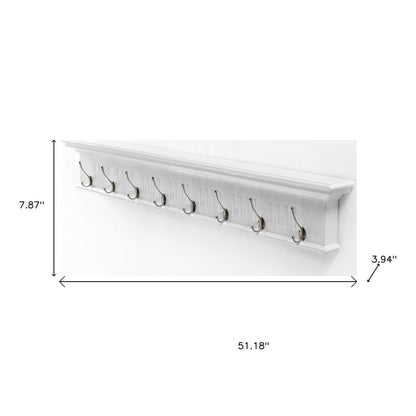 51" White Solid Wood Eight Hook Wall Mount Coat Rack-6