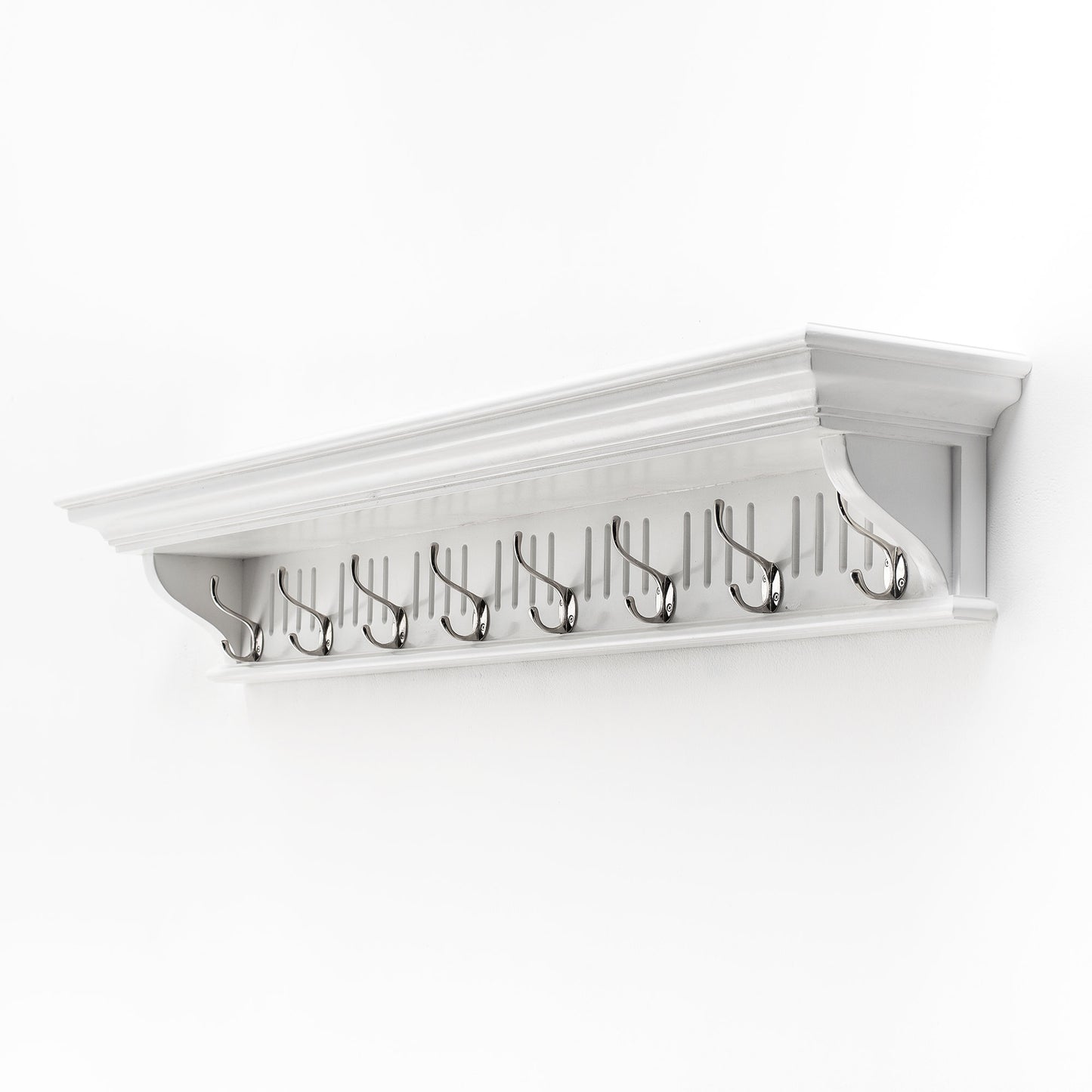 51" White Solid Wood Eight Hook Wall Mount Coat Rack-2