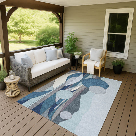 5' X 8' Blue And Ivory Geometric Washable Indoor Outdoor Area Rug