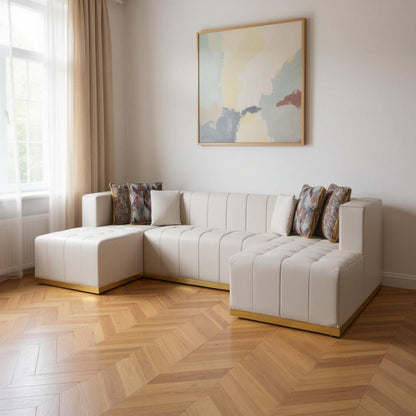 Ivory Velvet U Shaped Three Piece Sofa and Chaise Sectional With Toss Pillows-0