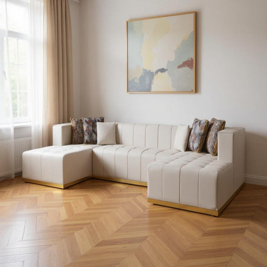 Ivory Velvet U Shaped Three Piece Sofa and Chaise Sectional With Toss Pillows-0