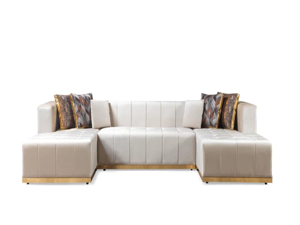 Ivory Velvet U Shaped Three Piece Sofa and Chaise Sectional With Toss Pillows-3