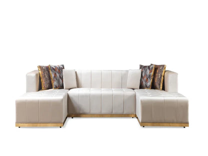 Ivory Velvet U Shaped Three Piece Sofa and Chaise Sectional With Toss Pillows-3