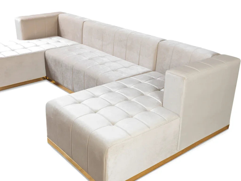 Ivory Velvet U Shaped Three Piece Sofa and Chaise Sectional With Toss Pillows-8