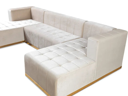 Ivory Velvet U Shaped Three Piece Sofa and Chaise Sectional With Toss Pillows-8