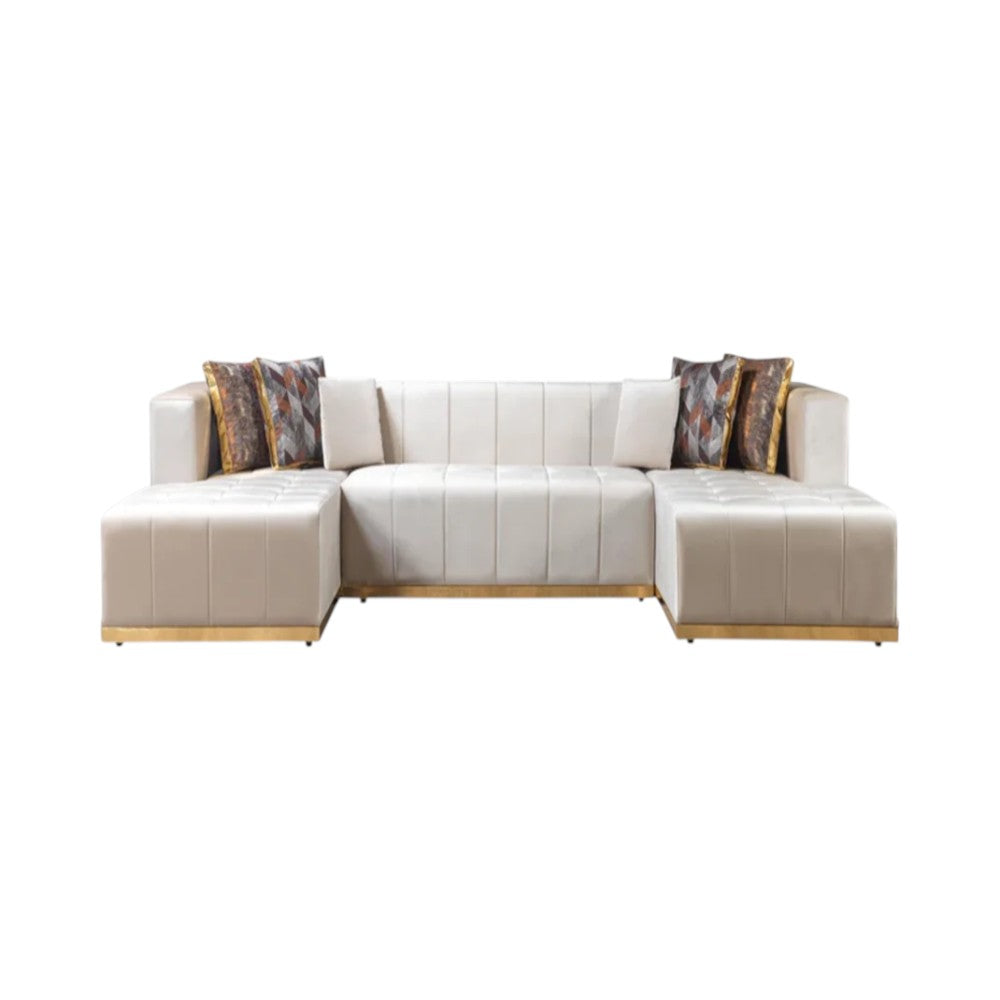 Ivory Velvet U Shaped Three Piece Sofa and Chaise Sectional With Toss Pillows-1