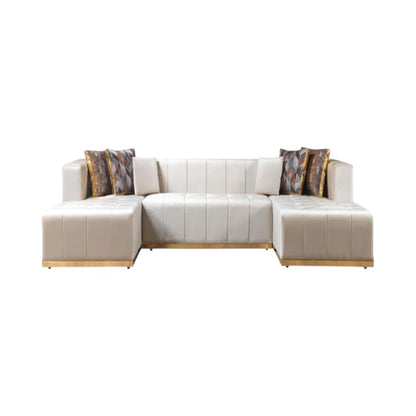 Ivory Velvet U Shaped Three Piece Sofa and Chaise Sectional With Toss Pillows-1