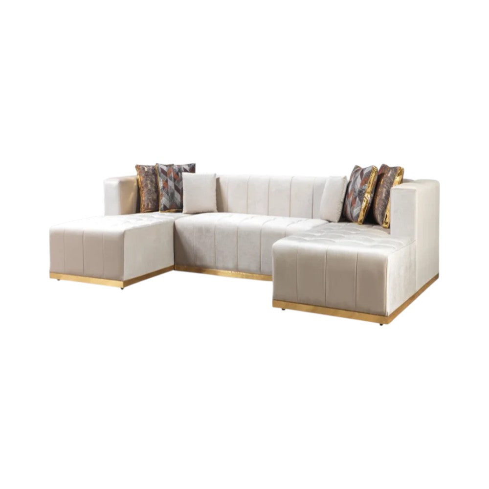Ivory Velvet U Shaped Three Piece Sofa and Chaise Sectional With Toss Pillows-2