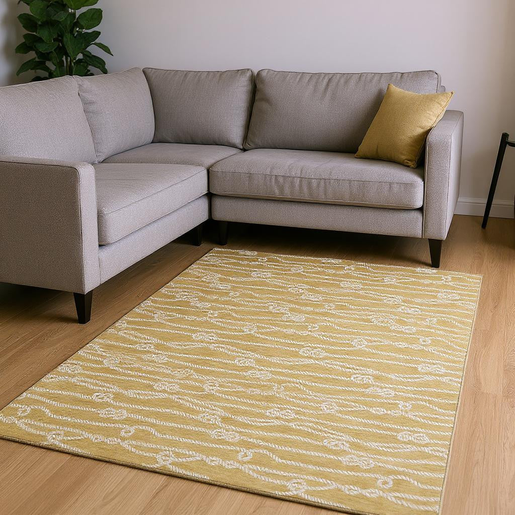 8' X 10' Gold And Ivory Nautical Washable Area Rug With UV Protection-1