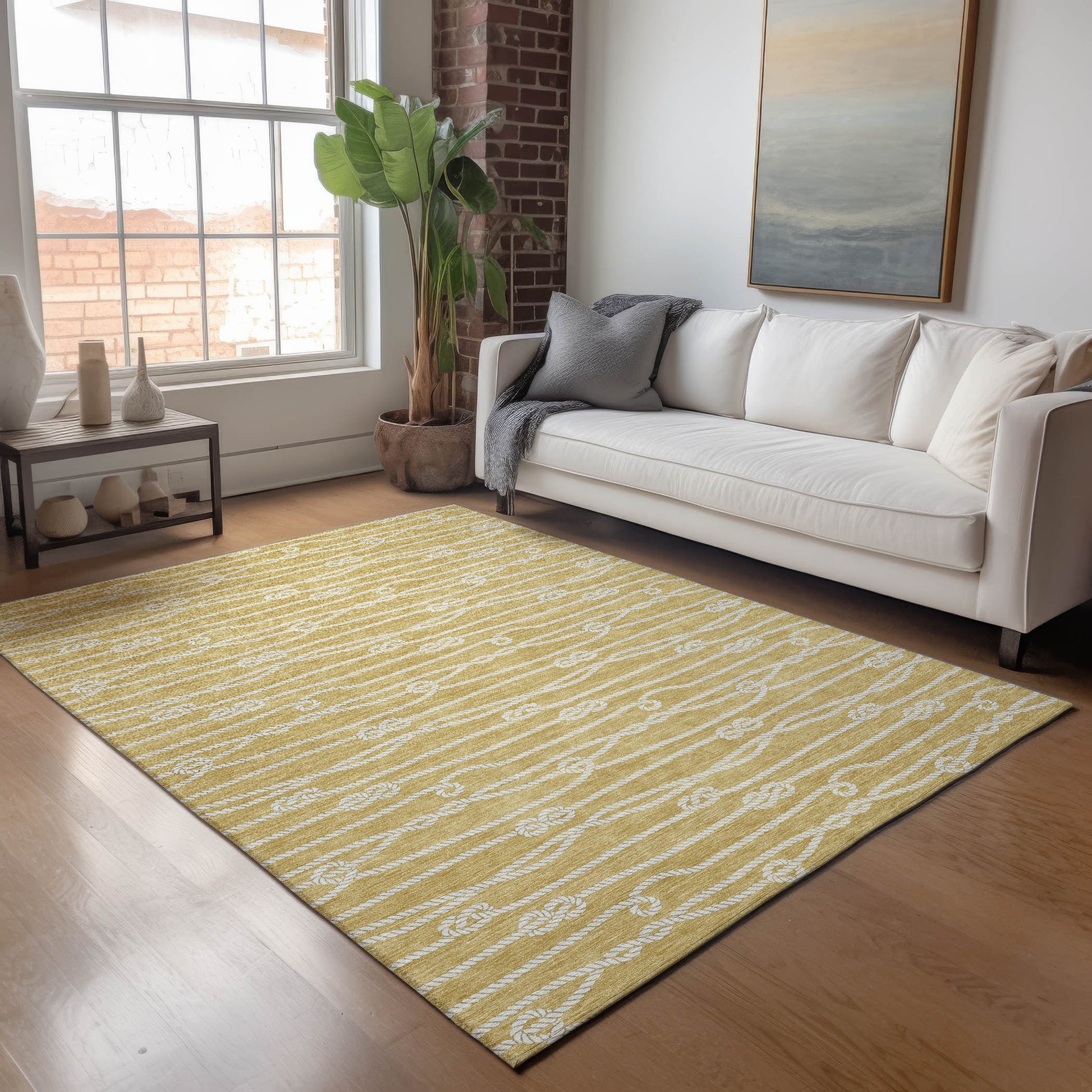 8' X 10' Gold And Ivory Nautical Washable Area Rug With UV Protection-4