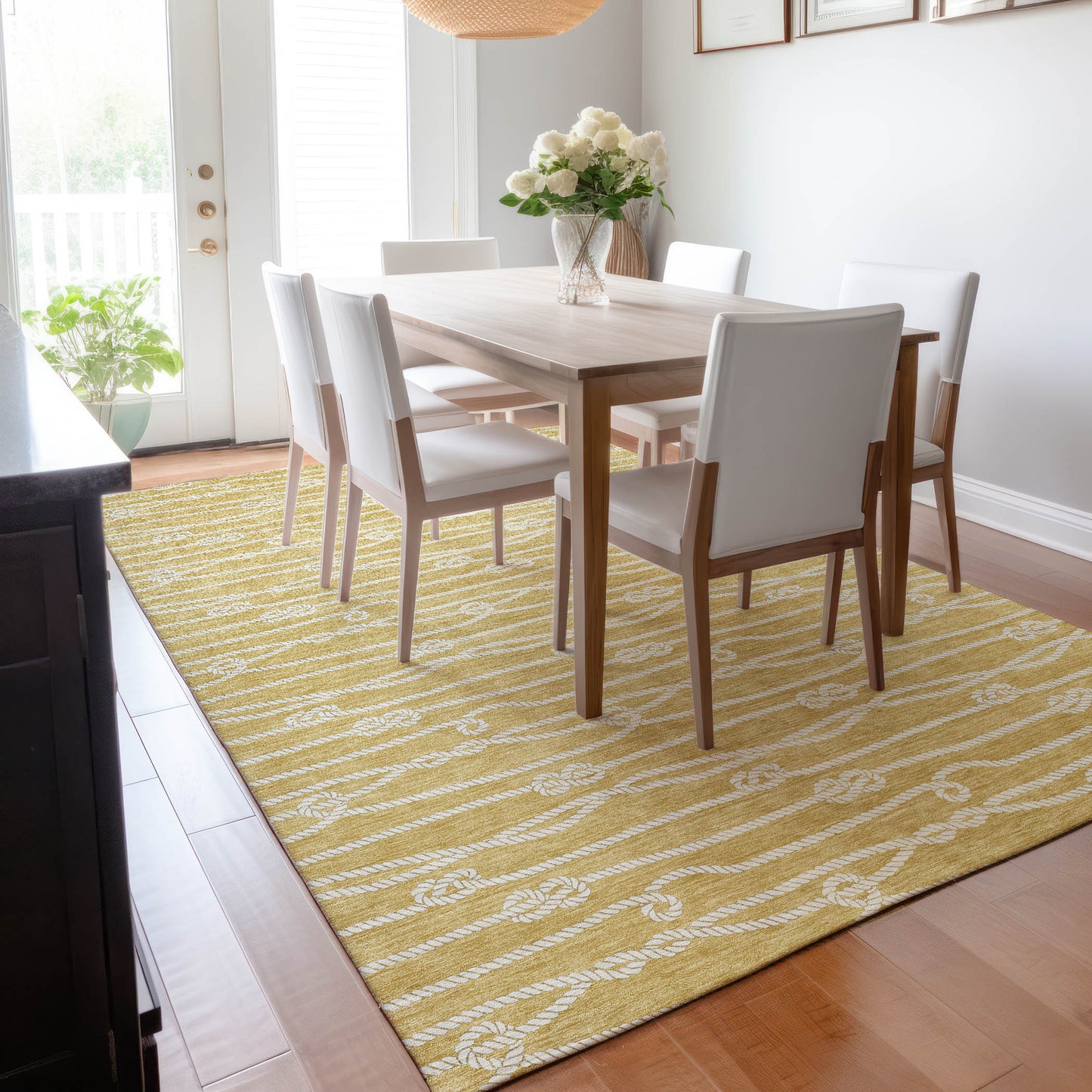 8' X 10' Gold And Ivory Nautical Washable Area Rug With UV Protection-5