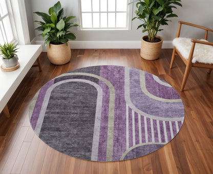 8' Purple And Khaki Geometric Washable Round Rug With UV Protection-0
