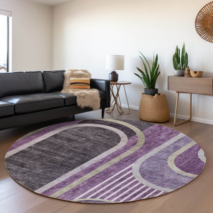 8' Purple And Khaki Geometric Washable Round Rug With UV Protection-5