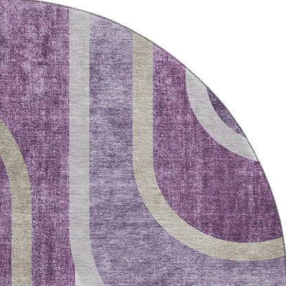 8' Purple And Khaki Geometric Washable Round Rug With UV Protection-3