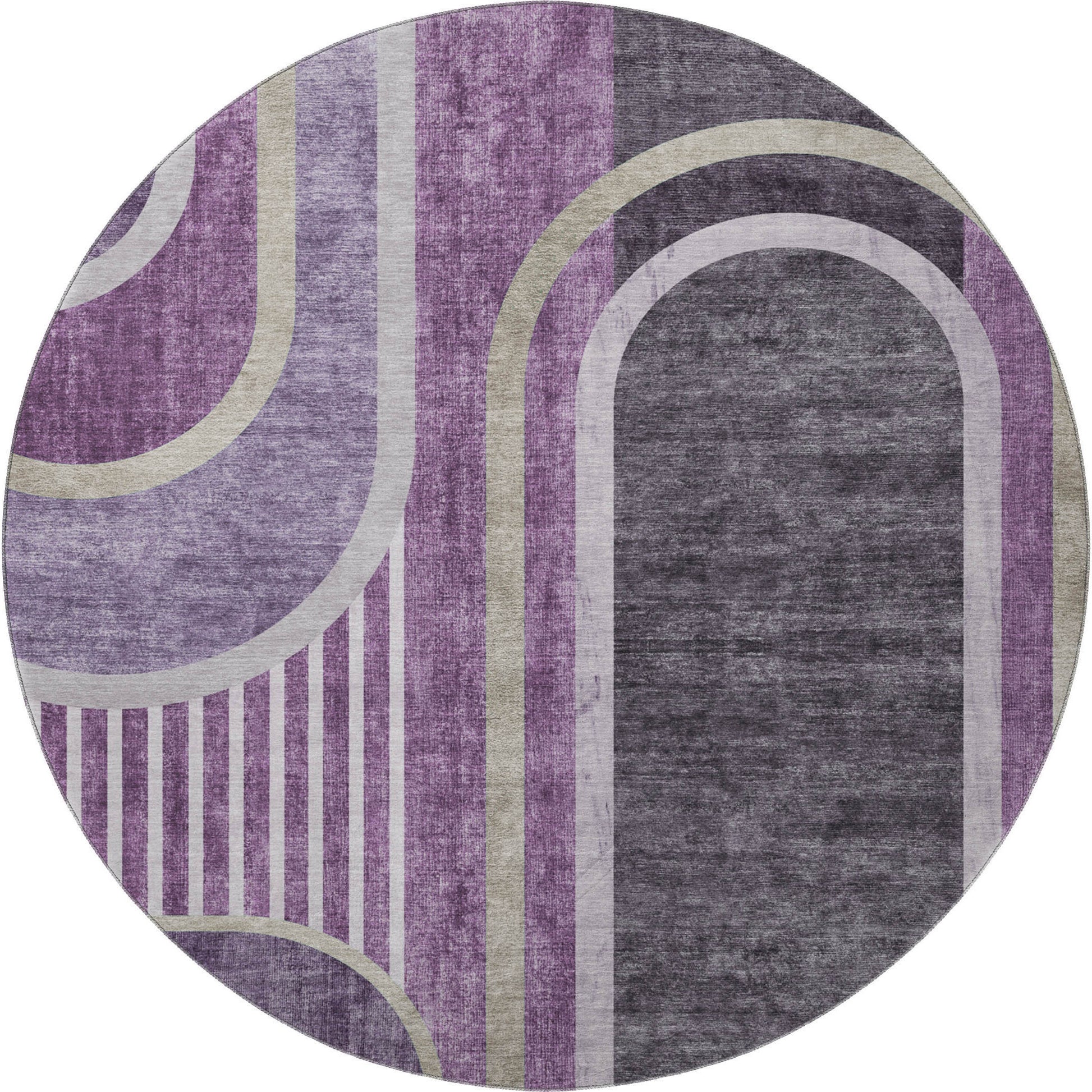 8' Purple And Khaki Geometric Washable Round Rug With UV Protection-4
