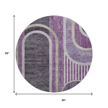8' Purple And Khaki Geometric Washable Round Rug With UV Protection-2