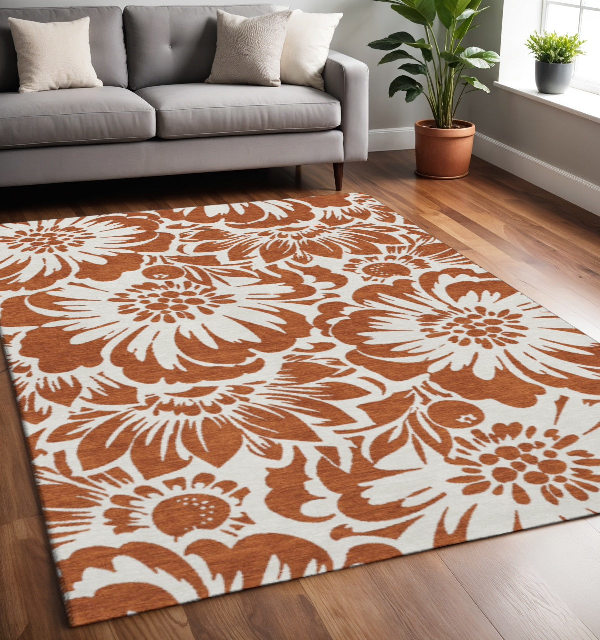 5' X 8' Rust And Ivory Floral Washable Area Rug With UV Protection-0