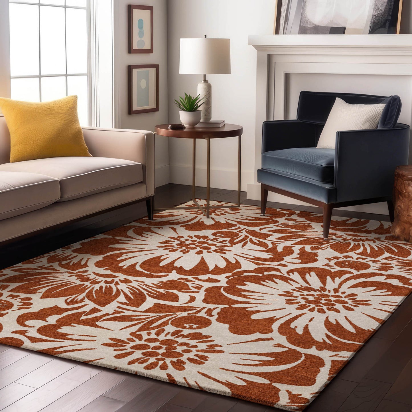 5' X 8' Rust And Ivory Floral Washable Area Rug With UV Protection-5