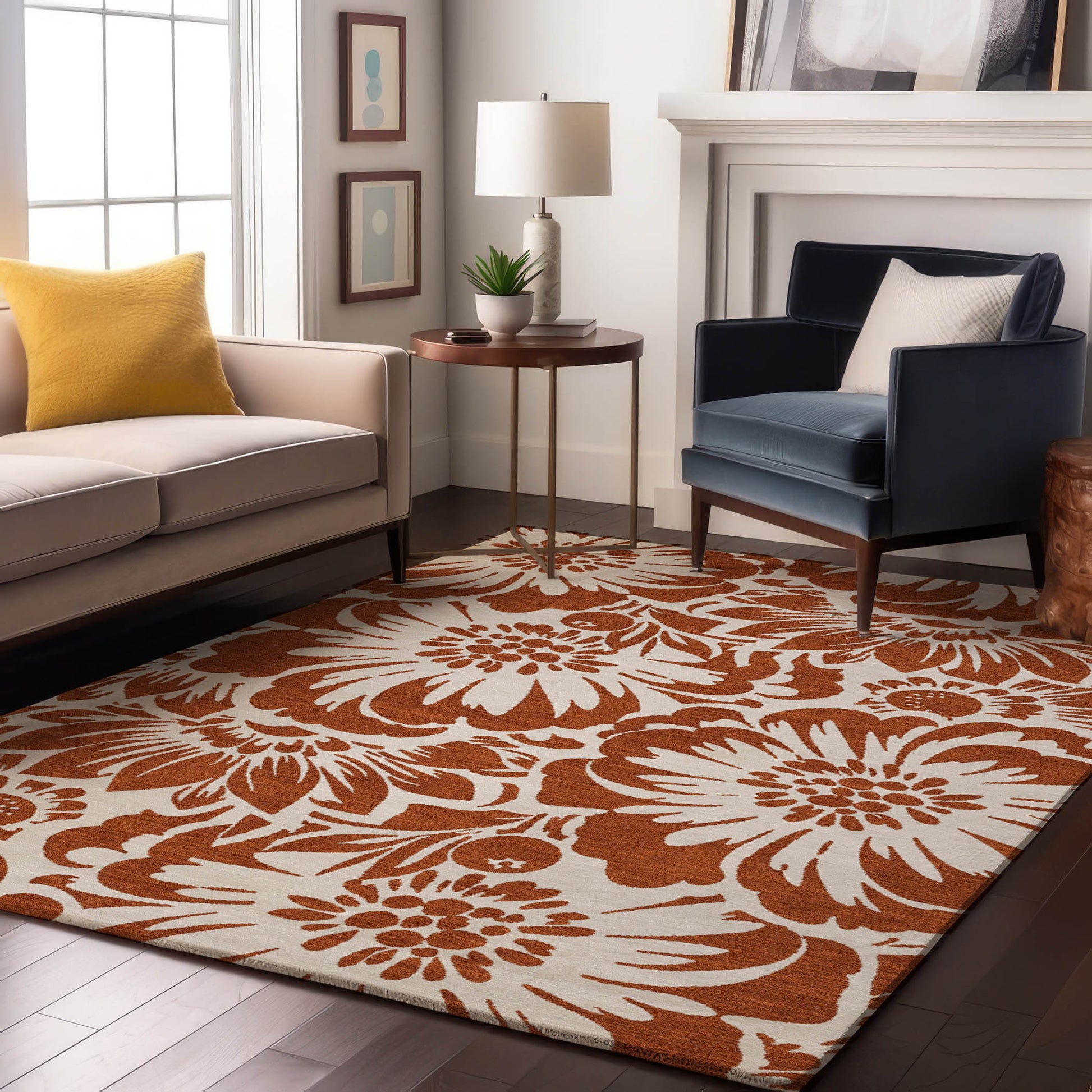 5' X 8' Rust And Ivory Floral Washable Area Rug With UV Protection-5