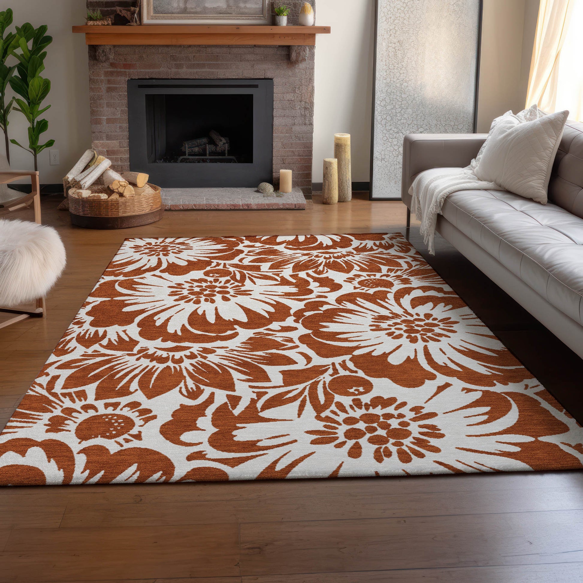 5' X 8' Rust And Ivory Floral Washable Area Rug With UV Protection-6