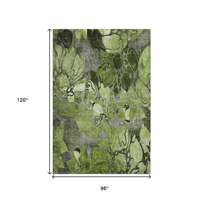 8' X 10' Fern Green And Gray Floral Washable Area Rug With UV Protection-2
