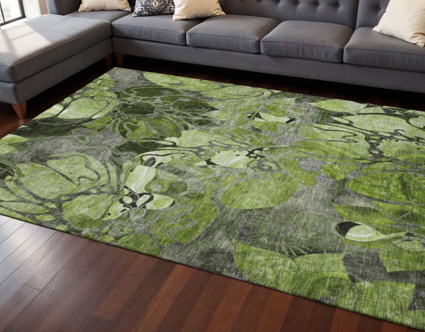 8' X 10' Fern Green And Gray Floral Washable Area Rug With UV Protection-0