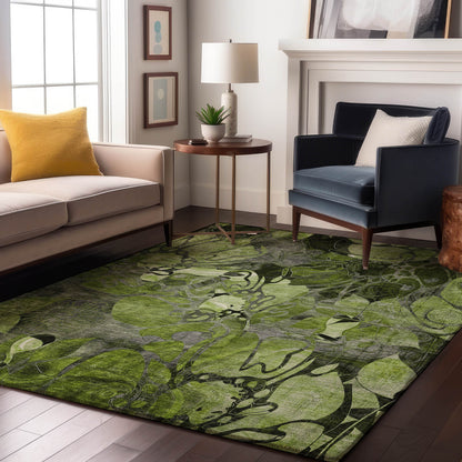 8' X 10' Fern Green And Gray Floral Washable Area Rug With UV Protection-5