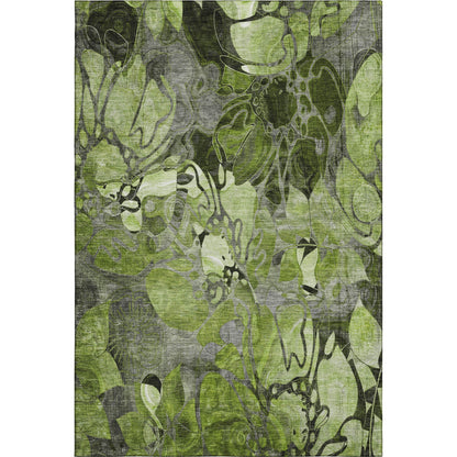 8' X 10' Fern Green And Gray Floral Washable Area Rug With UV Protection-1