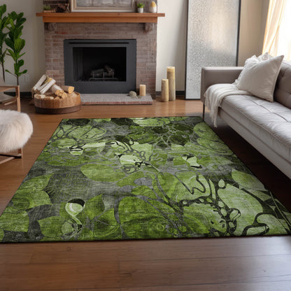 8' X 10' Fern Green And Gray Floral Washable Area Rug With UV Protection-6