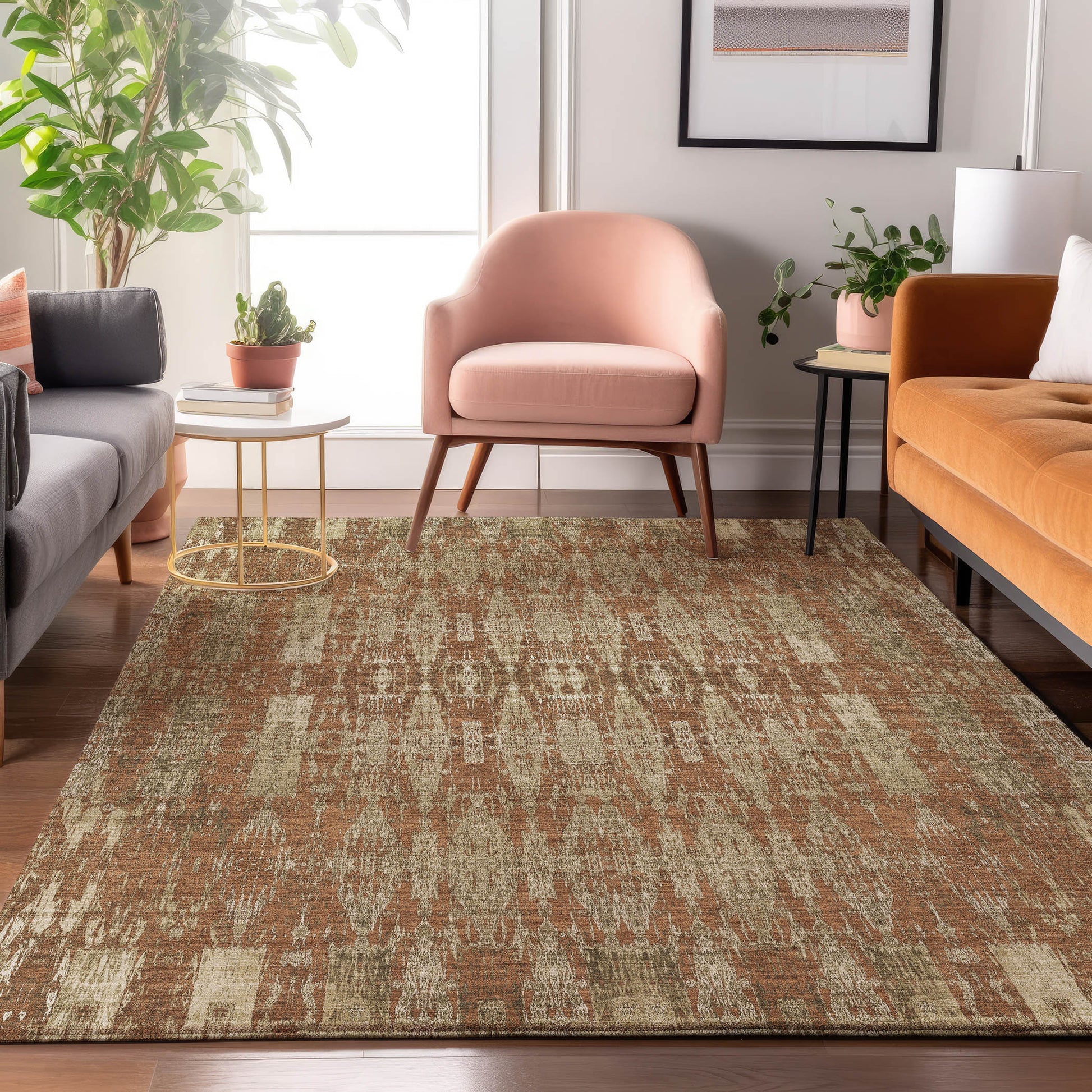 5' X 8' Chili Red And Beige Moroccan Washable Area Rug With UV Protection-3