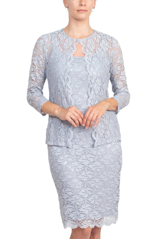 Marina Square Neck Sleeveless Sheath Zipper back with Matching 3/4 Sleeve Jacket Mesh Dress-0