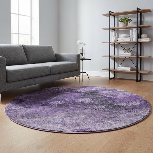 8' Purple Gray And Ivory Abstract Washable Round Rug With UV Protection-0