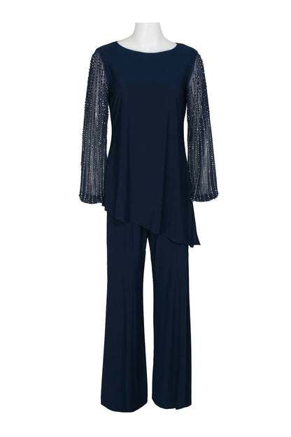 Marina Boat Neck Embellished Chiffon Long Sleeve Asymmetrical Hem and Elastic Mid Waist Wide Leg  Two Piece Set Pant-5