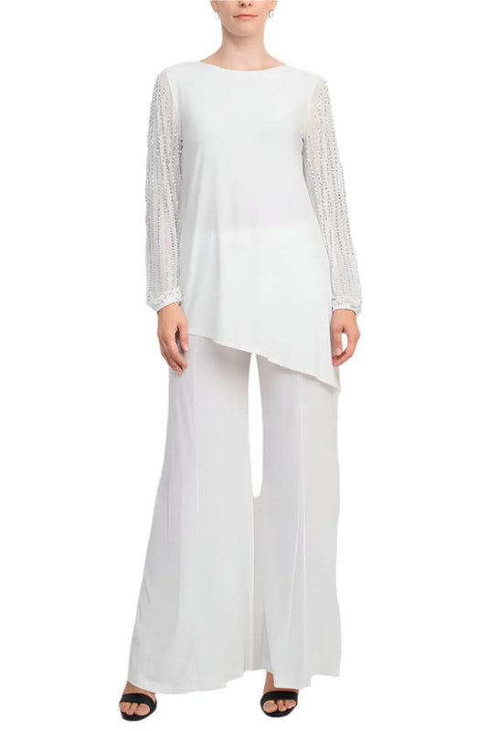 Marina Boat Neck Embellished Chiffon Long Sleeve Asymmetrical Hem and Elastic Mid Waist Wide Leg  Two Piece Set Pant-0