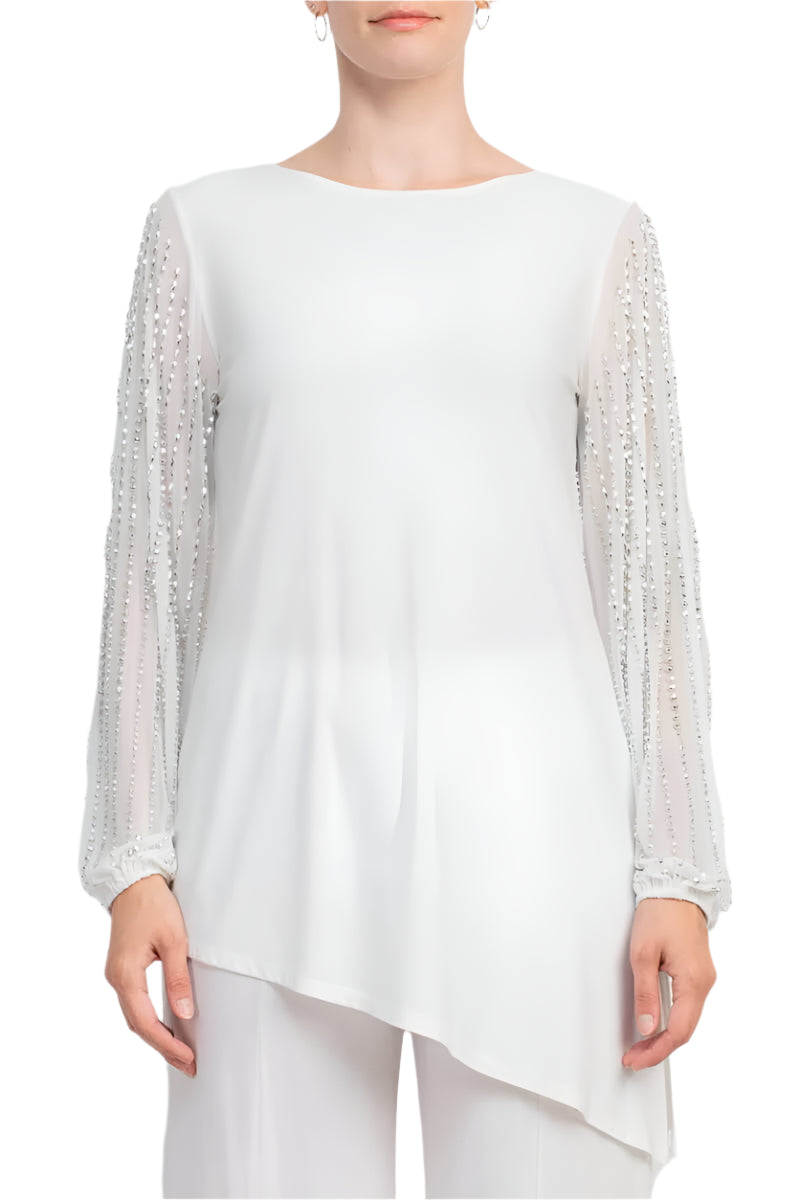 Marina Boat Neck Embellished Chiffon Long Sleeve Asymmetrical Hem and Elastic Mid Waist Wide Leg  Two Piece Set Pant-1