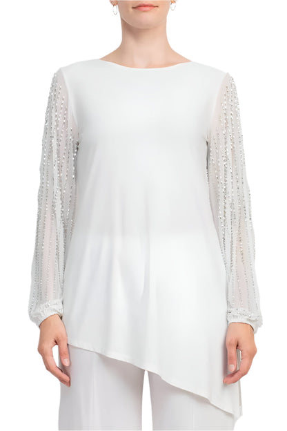 Marina Boat Neck Embellished Chiffon Long Sleeve Asymmetrical Hem and Elastic Mid Waist Wide Leg  Two Piece Set Pant-1