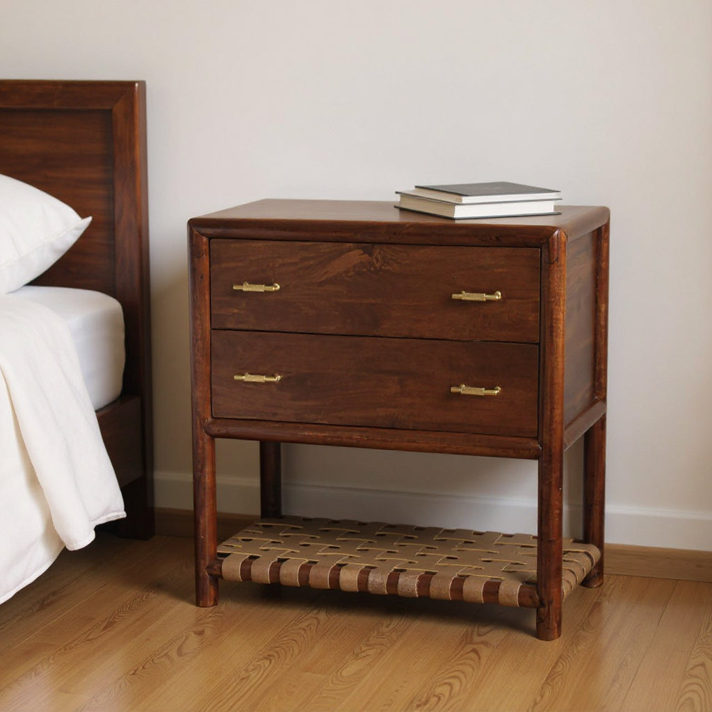 32" Brown Solid Wood Two Drawer Nightstand With Leather Shelf-0