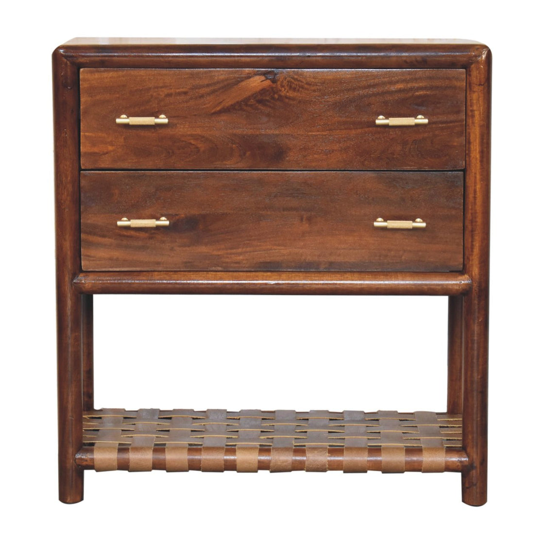 32" Brown Solid Wood Two Drawer Nightstand With Leather Shelf-1