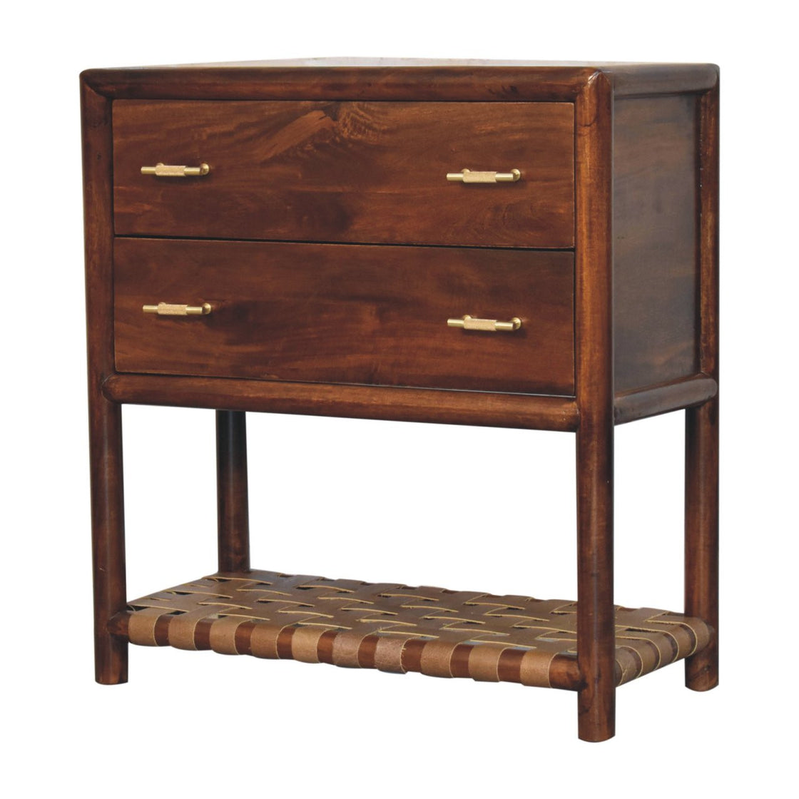 32" Brown Solid Wood Two Drawer Nightstand With Leather Shelf-3