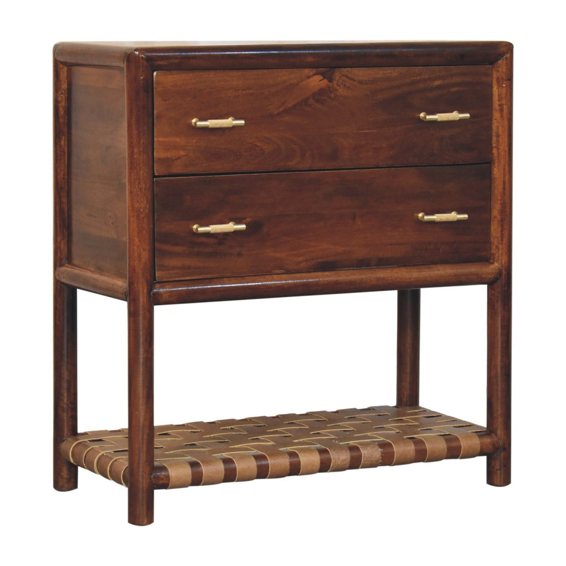 32" Brown Solid Wood Two Drawer Nightstand With Leather Shelf-4
