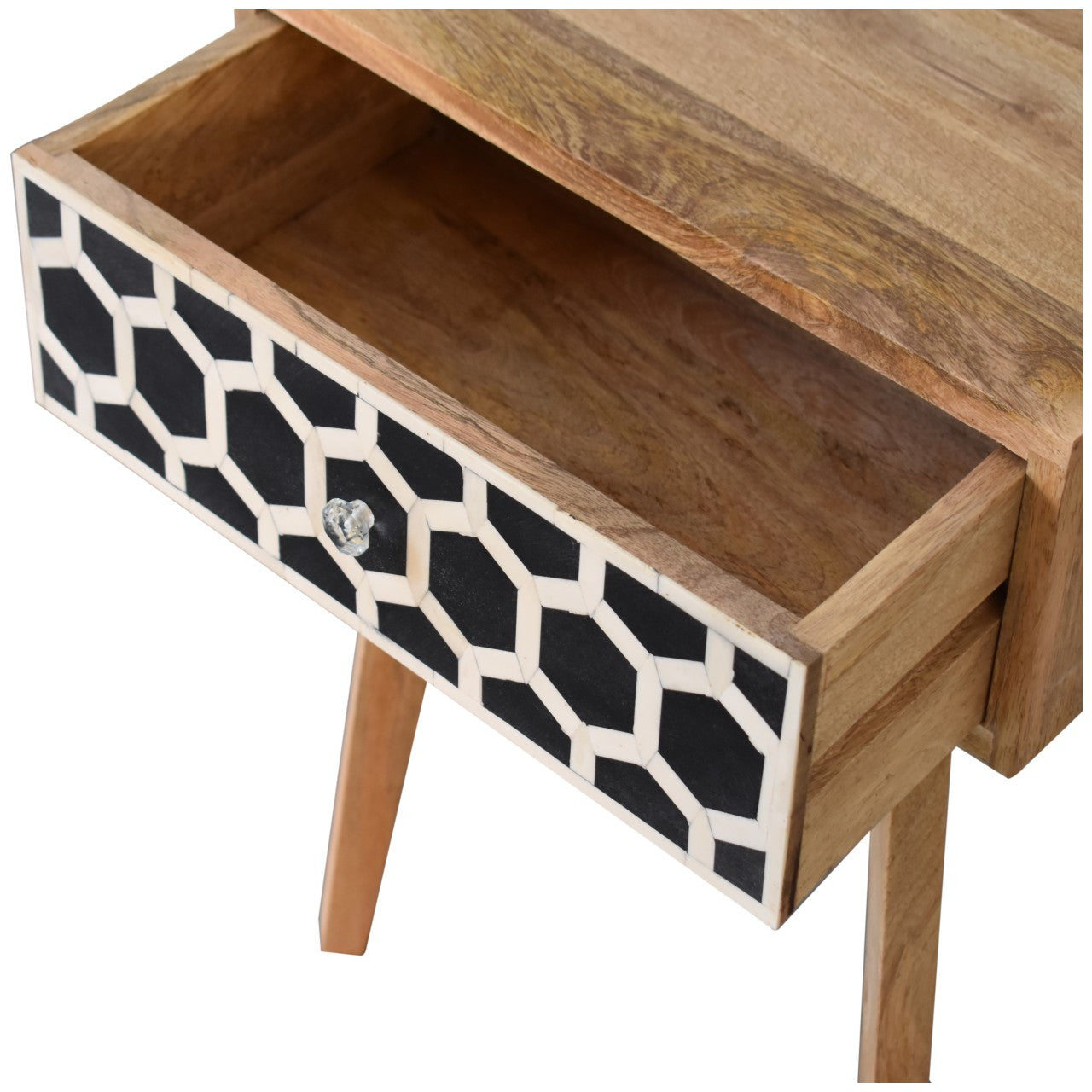 22" Black White And Brown Solid Wood Geometric Bone Inlay One Drawer Nightstand-7