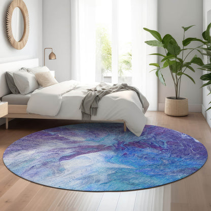 8' Blue Purple And Ivory Abstract Washable Round Rug With UV Protection-4