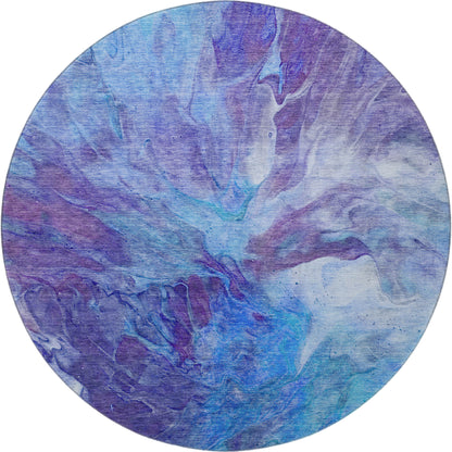 8' Blue Purple And Ivory Abstract Washable Round Rug With UV Protection-3